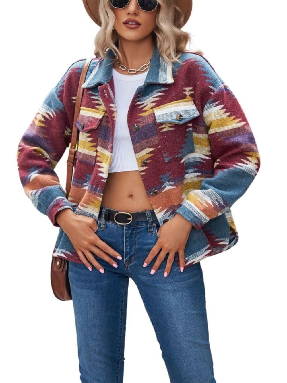 Women’s Vintage Ethnic Aztec Jacket Long Sleeve Button Up Woolen Shacket Western